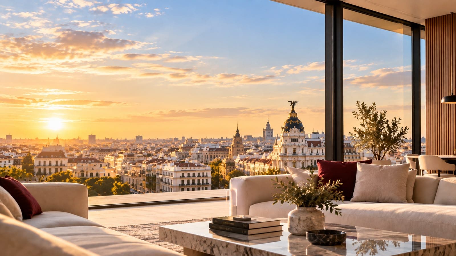 Salón de una vivienda con ventanal y vistas a Madrid al atardecer
